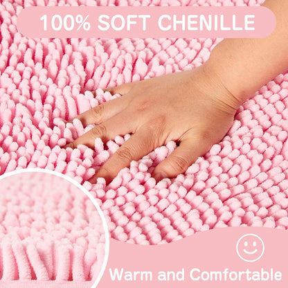 Pink Chenille Bathroom Rugs Set 2 Piece - Non Slip Absorbent Bath Mat for Shower, Quick Dry Machine Washable Floor Mats, Soft Plush, 17"x24"+20"x32" Inch