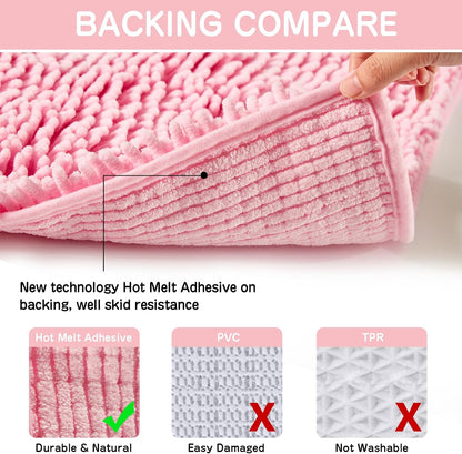 Pink Chenille Bathroom Rugs Set 2 Piece - Non Slip Absorbent Bath Mat for Shower, Quick Dry Machine Washable Floor Mats, Soft Plush, 17"x24"+20"x32" Inch