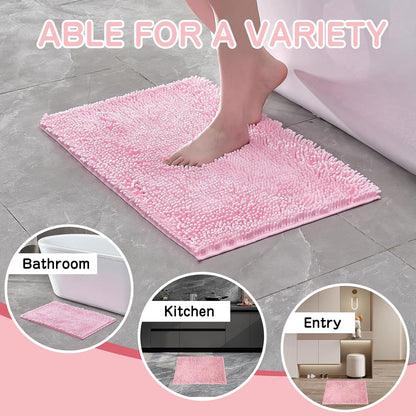 Pink Chenille Bathroom Rugs Set 2 Piece - Non Slip Absorbent Bath Mat for Shower, Quick Dry Machine Washable Floor Mats, Soft Plush, 17"x24"+20"x32" Inch