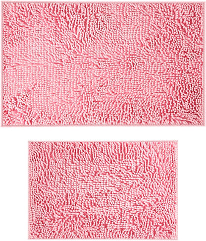 Pink Chenille Bathroom Rugs Set 2 Piece - Non Slip Absorbent Bath Mat for Shower, Quick Dry Machine Washable Floor Mats, Soft Plush, 17"x24"+20"x32" Inch