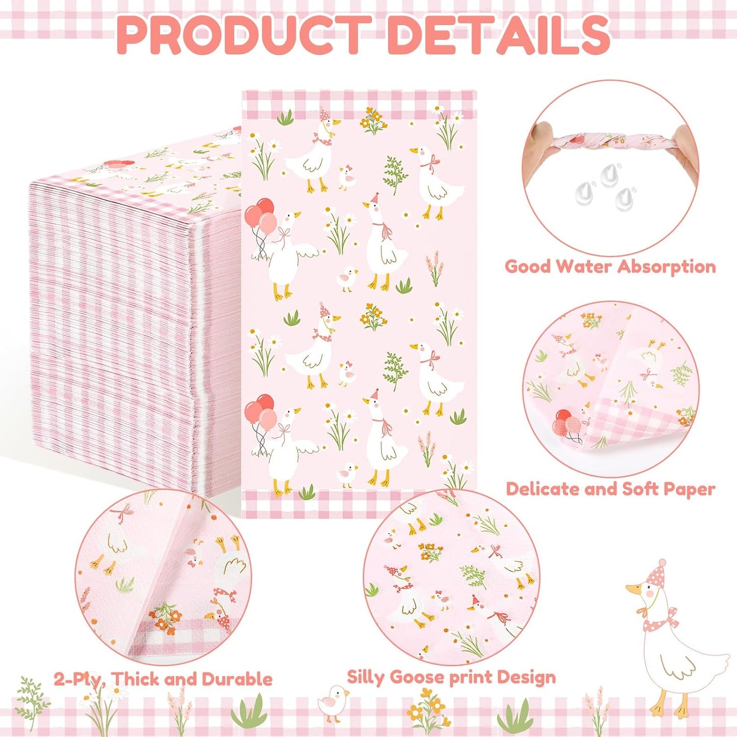 Pajean 100 Pcs One Silly Goose Paper Napkins One Silly Goose Birthday Decorations Pink Bow Disposable Napkins Hand Towel for Birthday Baby Shower Party Table Supplies