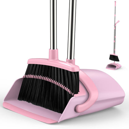 Broom and Dustpan Set for Home, 51-in Long Adjustable Handle Angle Broom and Dustpan Combo Set with Dust Pan Teeth to Clean Hair for Home Kitchen Office Lobby Floor Garden, Pink