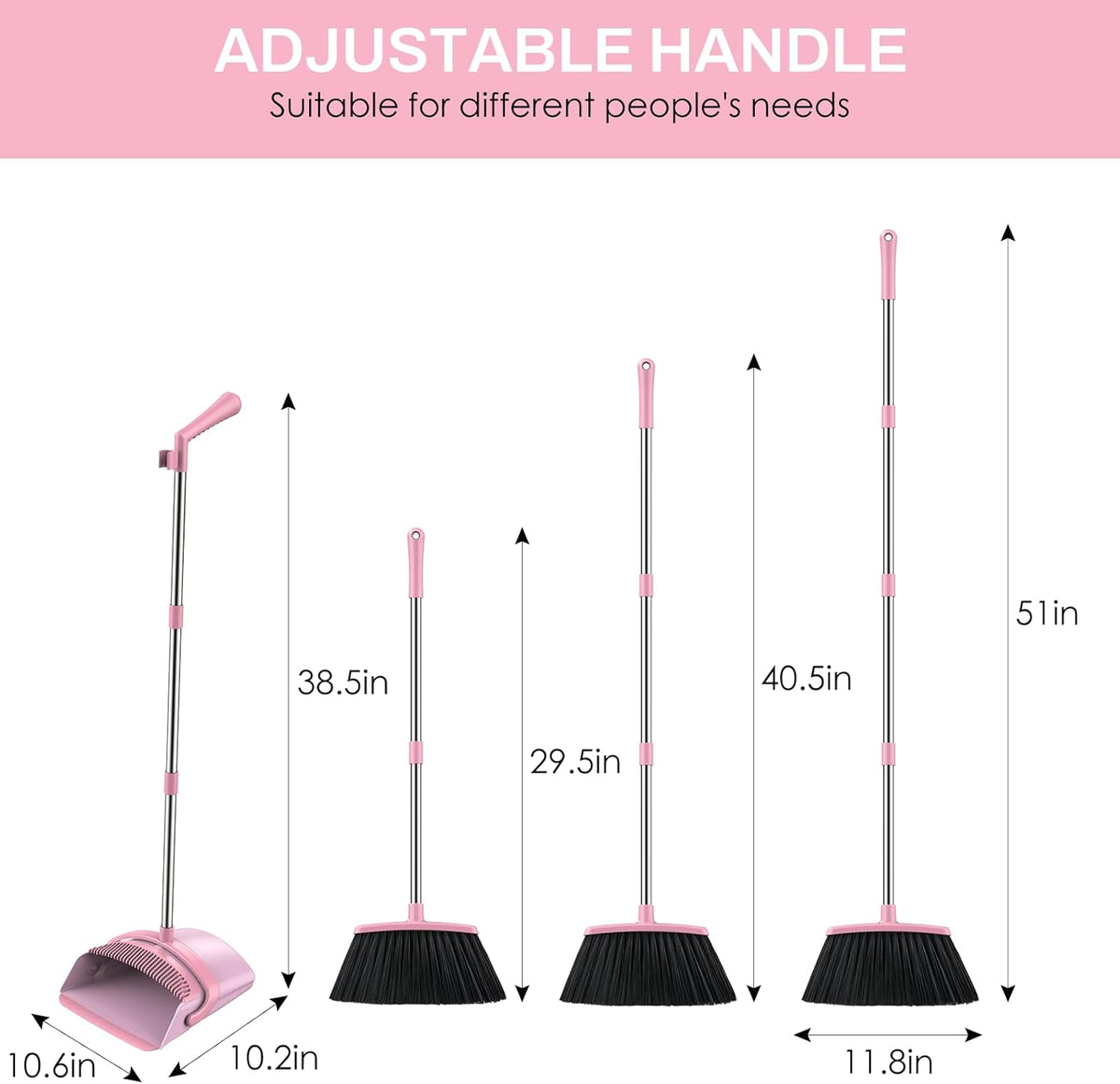 Broom and Dustpan Set for Home, 51-in Long Adjustable Handle Angle Broom and Dustpan Combo Set with Dust Pan Teeth to Clean Hair for Home Kitchen Office Lobby Floor Garden, Pink