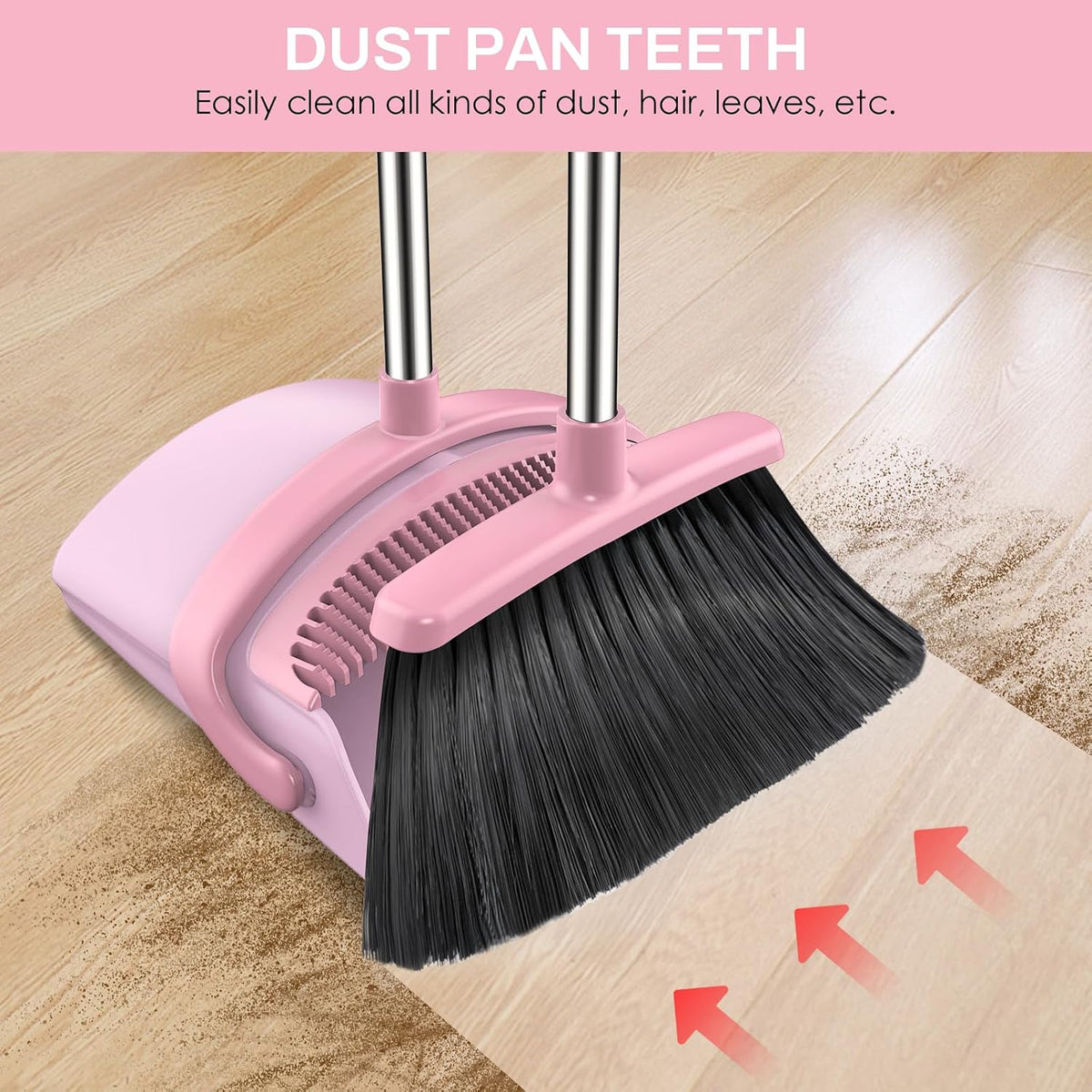 Broom and Dustpan Set for Home, 51-in Long Adjustable Handle Angle Broom and Dustpan Combo Set with Dust Pan Teeth to Clean Hair for Home Kitchen Office Lobby Floor Garden, Pink