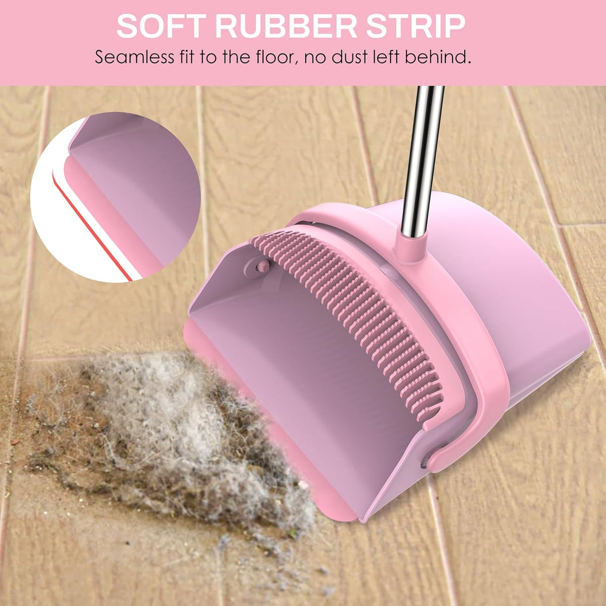 Broom and Dustpan Set for Home, 51-in Long Adjustable Handle Angle Broom and Dustpan Combo Set with Dust Pan Teeth to Clean Hair for Home Kitchen Office Lobby Floor Garden, Pink