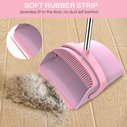Broom and Dustpan Set for Home, 51-in Long Adjustable Handle Angle Broom and Dustpan Combo Set with Dust Pan Teeth to Clean Hair for Home Kitchen Office Lobby Floor Garden, Pink