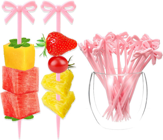 30 PCS Pink Bow Cocktail Picks, Acrylic Bowknot Toothpicks Cute Pink Bow Decor Party Toothpicks Cute Fruit Skewers for Appetizers Drink Cake Dessert Birthday Party Decorations