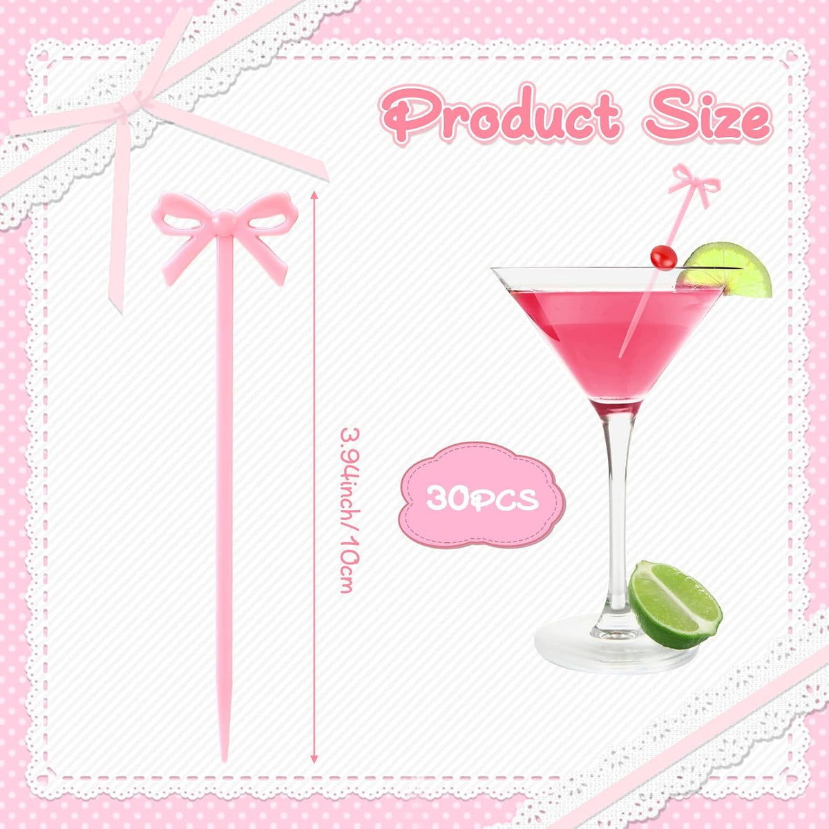 30 PCS Pink Bow Cocktail Picks, Acrylic Bowknot Toothpicks Cute Pink Bow Decor Party Toothpicks Cute Fruit Skewers for Appetizers Drink Cake Dessert Birthday Party Decorations