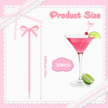 30 PCS Pink Bow Cocktail Picks, Acrylic Bowknot Toothpicks Cute Pink Bow Decor Party Toothpicks Cute Fruit Skewers for Appetizers Drink Cake Dessert Birthday Party Decorations