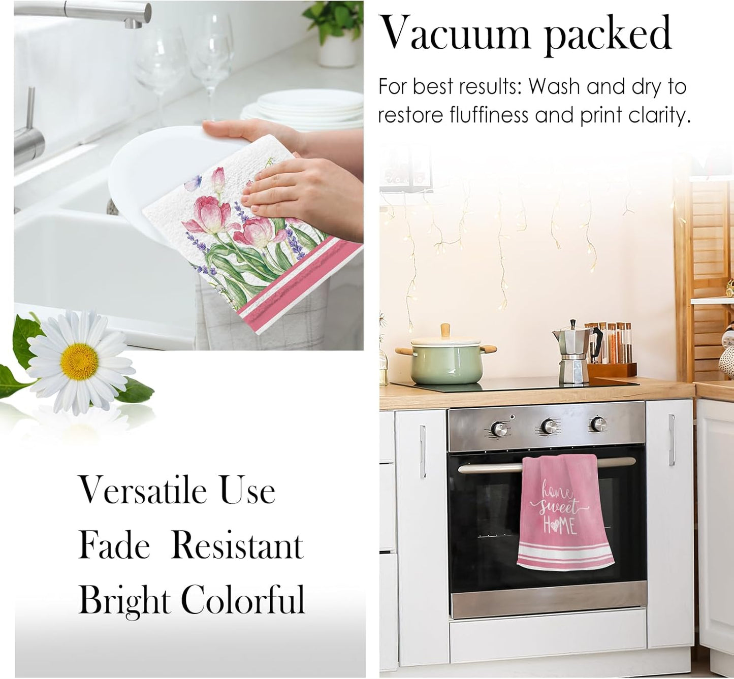 Summer Pink Tulips Floral Kitchen Towels, Lavender Dish Towels Set of 2, Spring Butterfly Flowers 18 x 26 Inch Hand Towel Quick Drying Dishcloth Decor for Kitchen Bathroom Home