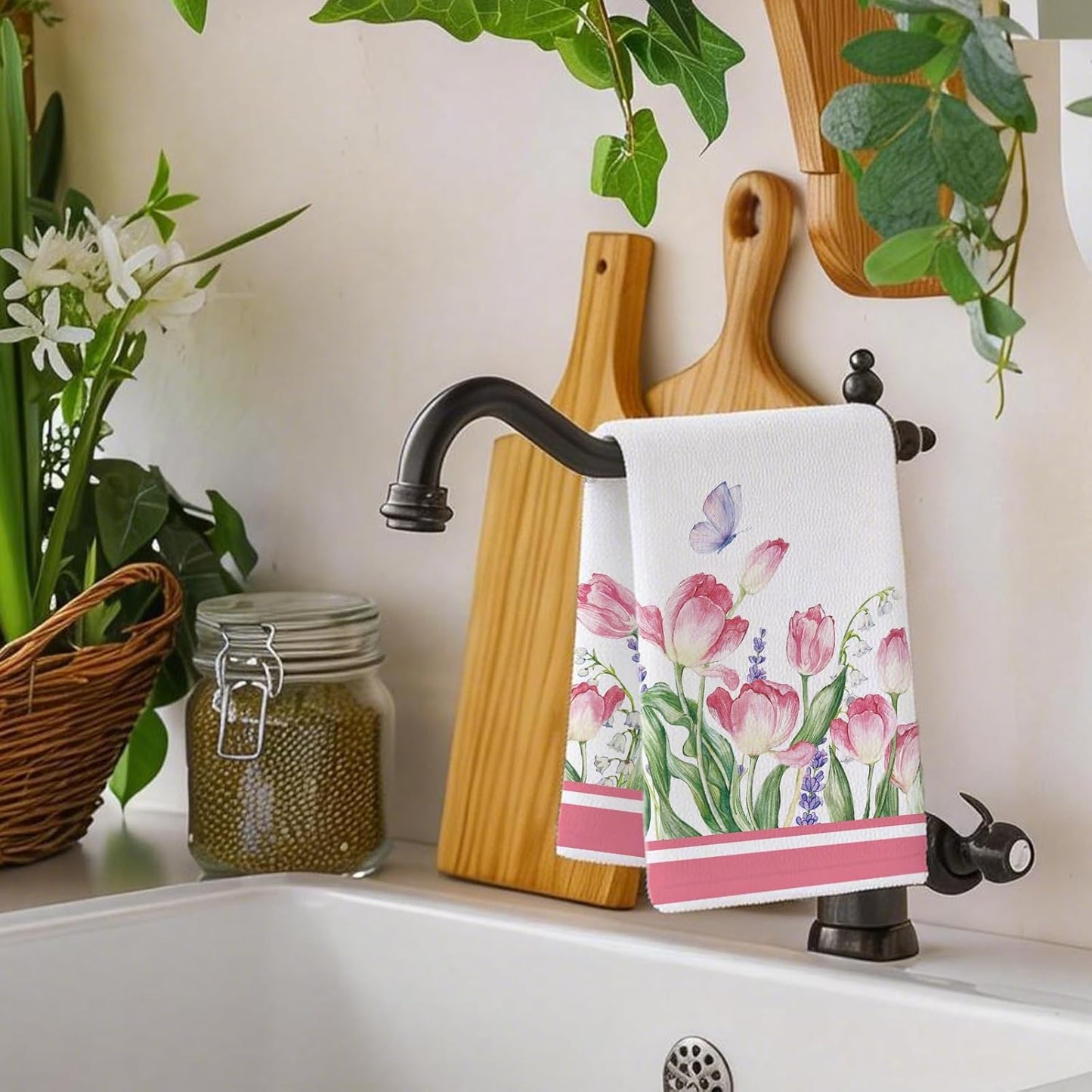 Summer Pink Tulips Floral Kitchen Towels, Lavender Dish Towels Set of 2, Spring Butterfly Flowers 18 x 26 Inch Hand Towel Quick Drying Dishcloth Decor for Kitchen Bathroom Home