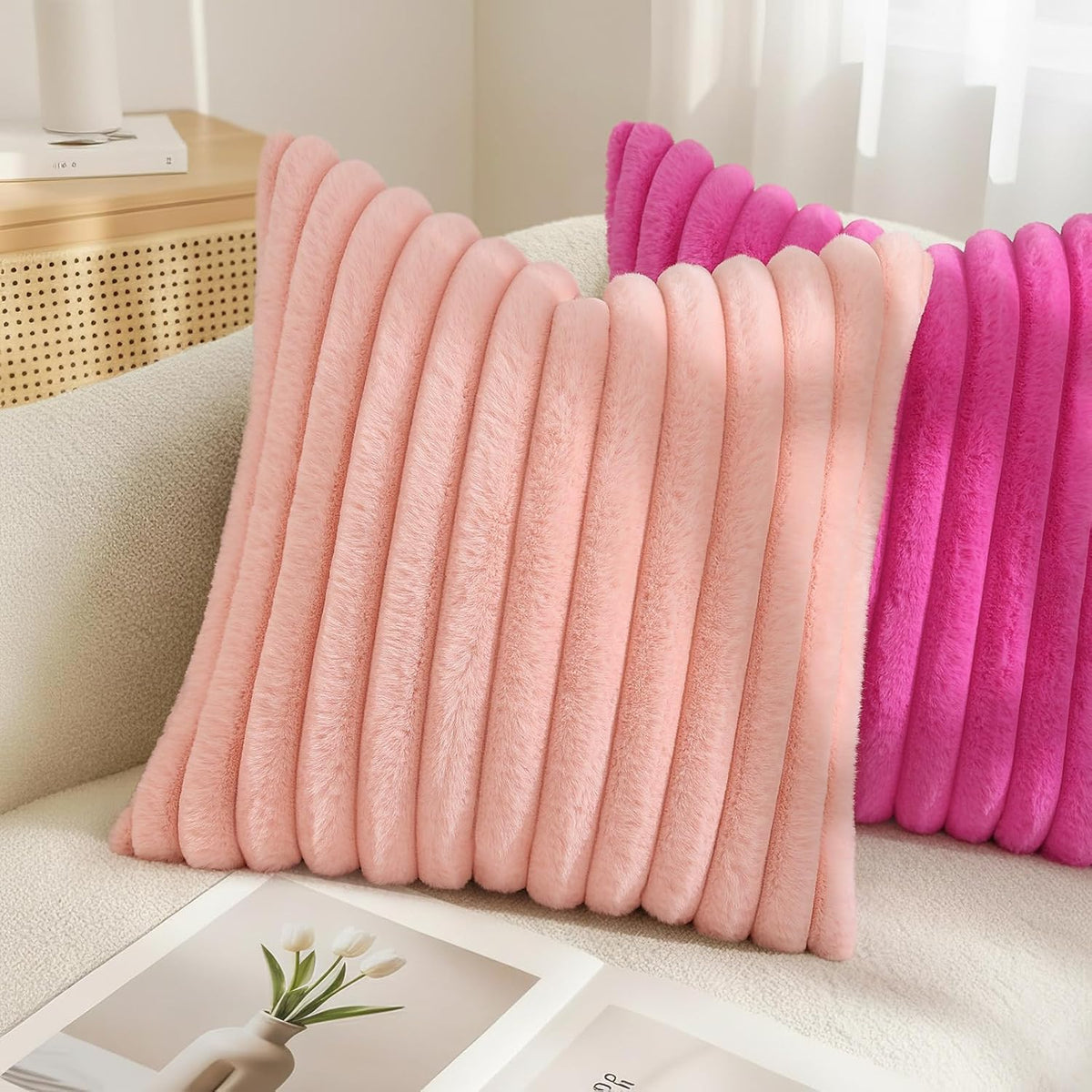 Fall Faux Fur Throw Pillow Covers 18x18 Set of 2 Blush Pink