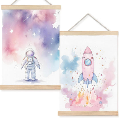 Pink Space Wall Art Decor, Space Nursery Decor, Pastel Cosmic Astronaut Star Rocket Wall Art Posters for Girls Bedroom Nursery Playroom, 12x16 Inch Set of 2