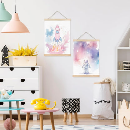 Pink Space Wall Art Decor, Space Nursery Decor, Pastel Cosmic Astronaut Star Rocket Wall Art Posters for Girls Bedroom Nursery Playroom, 12x16 Inch Set of 2