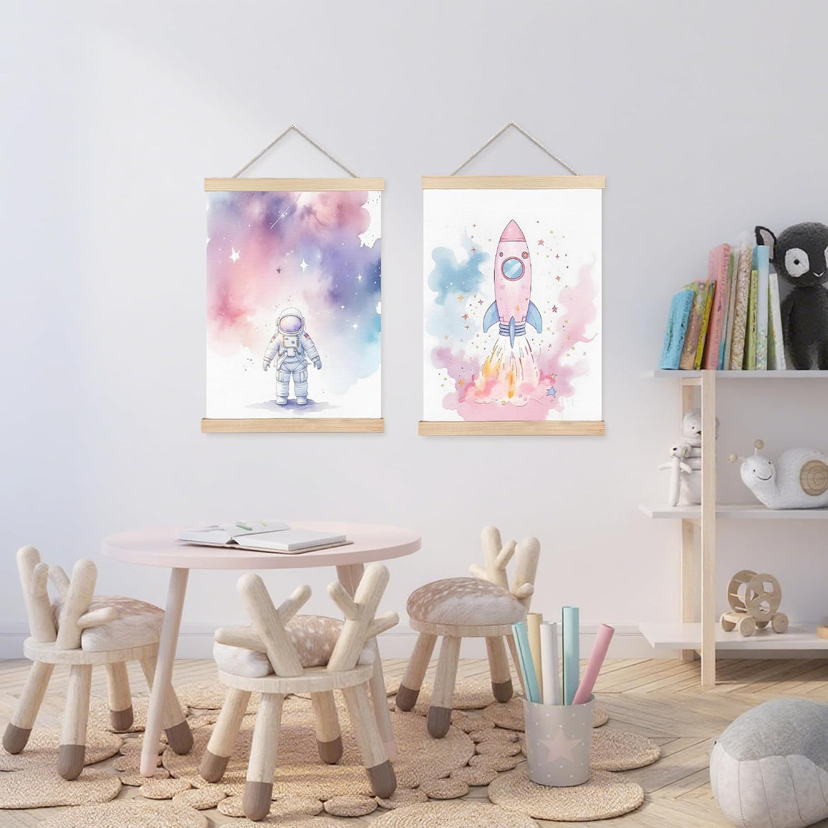 Pink Space Wall Art Decor, Space Nursery Decor, Pastel Cosmic Astronaut Star Rocket Wall Art Posters for Girls Bedroom Nursery Playroom, 12x16 Inch Set of 2