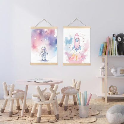 Pink Space Wall Art Decor, Space Nursery Decor, Pastel Cosmic Astronaut Star Rocket Wall Art Posters for Girls Bedroom Nursery Playroom, 12x16 Inch Set of 2