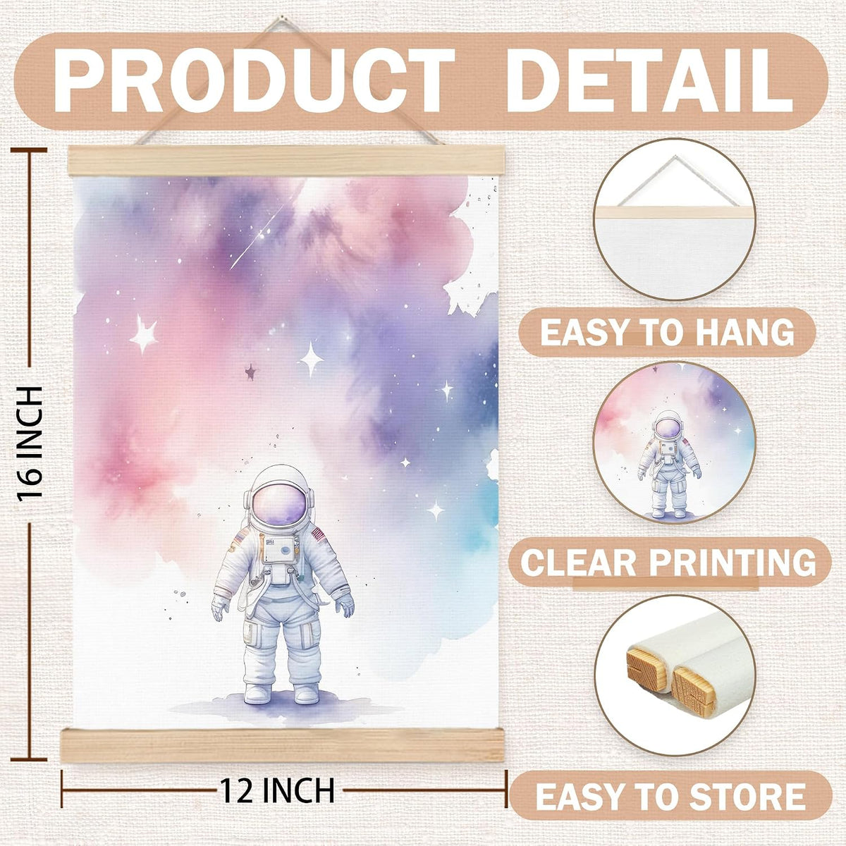 Pink Space Wall Art Decor, Space Nursery Decor, Pastel Cosmic Astronaut Star Rocket Wall Art Posters for Girls Bedroom Nursery Playroom, 12x16 Inch Set of 2