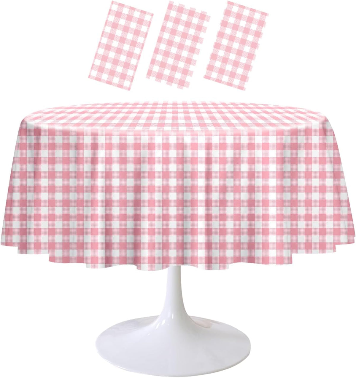 3 Pack Pink Gingham Tablecloth Round 84 x 84 Inch Round Plastic Checkered Table Cloth Disposable Plaid Table Cover for Picnic Party Birthday Wedding Baby Shower Circle Pink Tablecloth