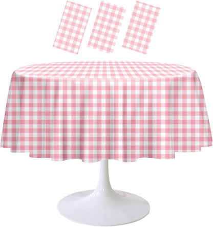 3 Pack Pink Gingham Tablecloth Round 84 x 84 Inch Round Plastic Checkered Table Cloth Disposable Plaid Table Cover for Picnic Party Birthday Wedding Baby Shower Circle Pink Tablecloth