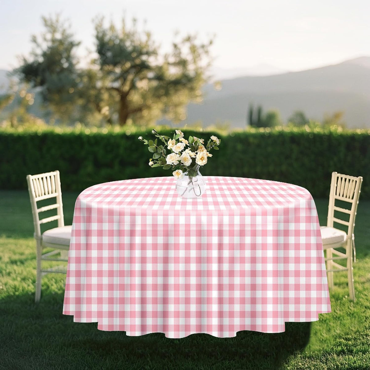 3 Pack Pink Gingham Tablecloth Round 84 x 84 Inch Round Plastic Checkered Table Cloth Disposable Plaid Table Cover for Picnic Party Birthday Wedding Baby Shower Circle Pink Tablecloth
