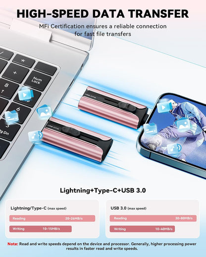 MFi Certified 256GB Flash Drive for iPhone USB Memory Stick Thumb Drives, High Speed USB Stick iPhone Flash Drive for Photos Videos,Photo Stick External Storage for iPhone/iPad/Android/Laptop (Pink)