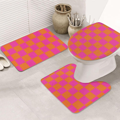 3 Pieces Bath Rug Sets, Pink Orange Checkered Pattern Bathroom Mat Set Non Slip U Shaped Contour Rug & Toilet Lid Cover
