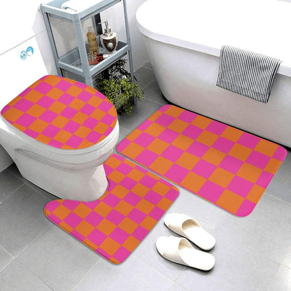 3 Pieces Bath Rug Sets, Pink Orange Checkered Pattern Bathroom Mat Set Non Slip U Shaped Contour Rug & Toilet Lid Cover
