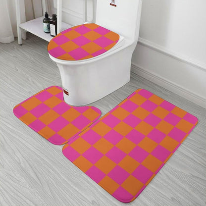 3 Pieces Bath Rug Sets, Pink Orange Checkered Pattern Bathroom Mat Set Non Slip U Shaped Contour Rug & Toilet Lid Cover