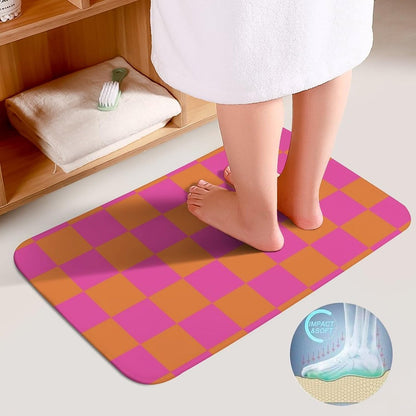 3 Pieces Bath Rug Sets, Pink Orange Checkered Pattern Bathroom Mat Set Non Slip U Shaped Contour Rug & Toilet Lid Cover