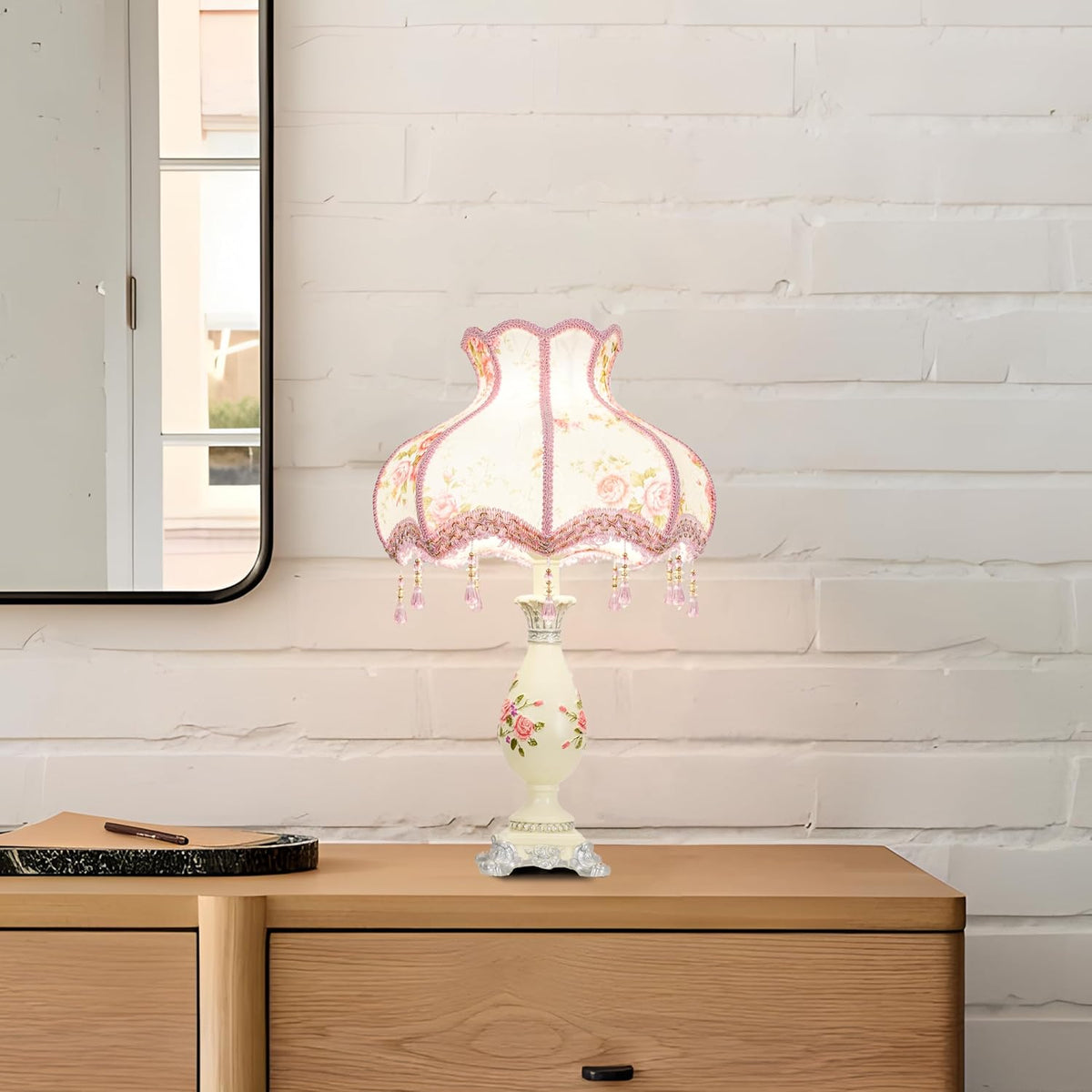 Cute Table Lamp with Fabric Lampshade, Antique Flower Decorative Bedside Desk Nightstand Lamp, Handmade Night Light for Bedroom Living Room (Pink and Beige)