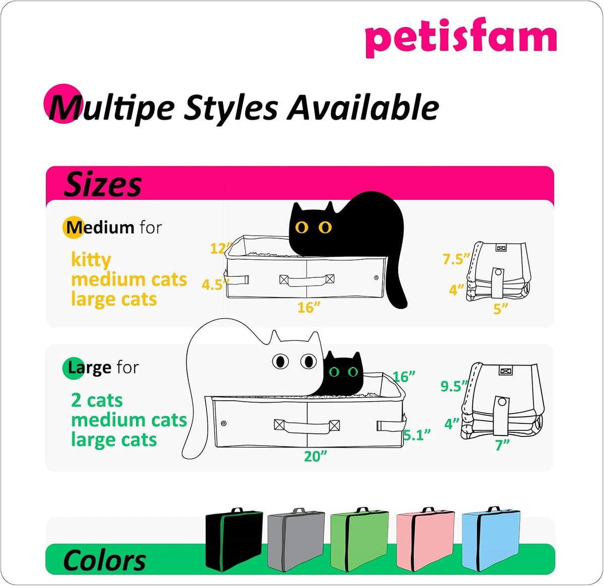 Smell-Contained Portable Cat Travel Litter Box with Zipped Lid to Keep Odor and Litter Contained. Lightweight to Carry to Anywhere (Pink, Medium)