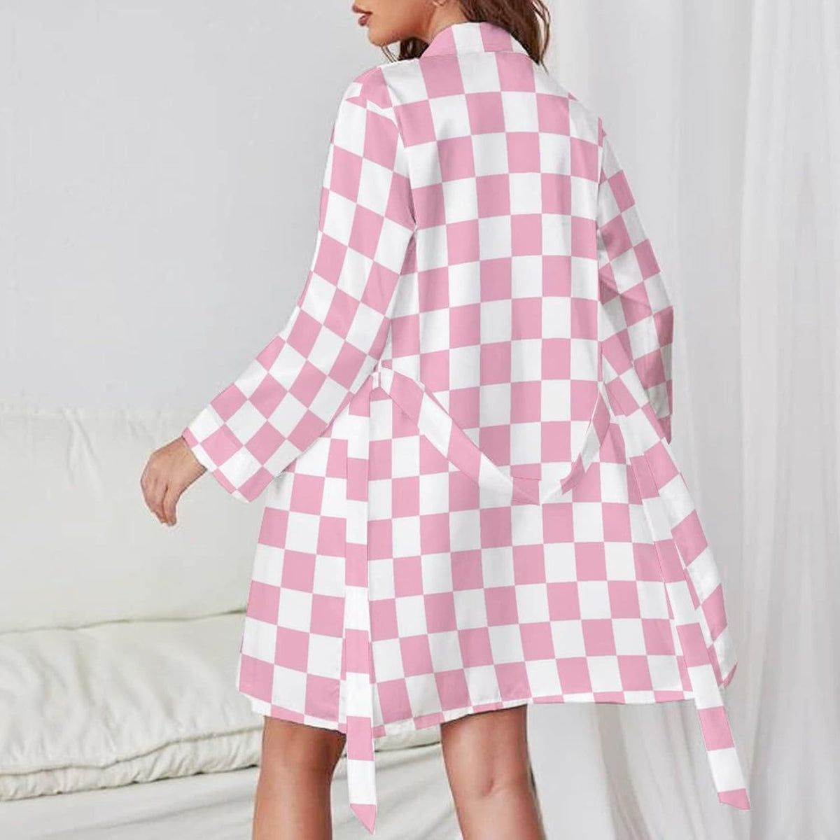 Pink Pastel Checkered Print Short Robes for Women, Belted Bathrobe Nightgown Sleepwear Loungewear Dressing Gown