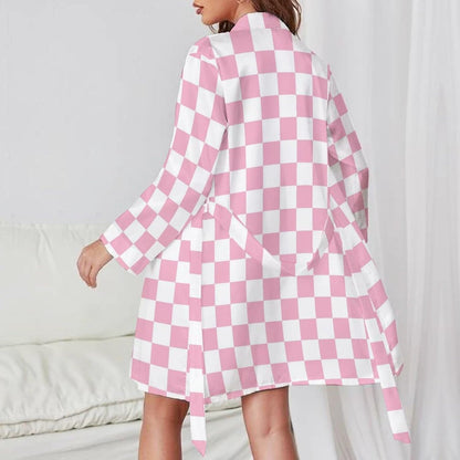 Pink Pastel Checkered Print Short Robes for Women, Belted Bathrobe Nightgown Sleepwear Loungewear Dressing Gown