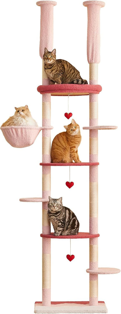 Cat Tree, Floor to Ceiling Cat Tower Adjustable Height[92-102 Inches=234-258cm], 7 Tiers Cat Climbing Tree with Hammock, Platforms and Fully Sisal Scratching Posts for Indoor Cats,Red and Pink