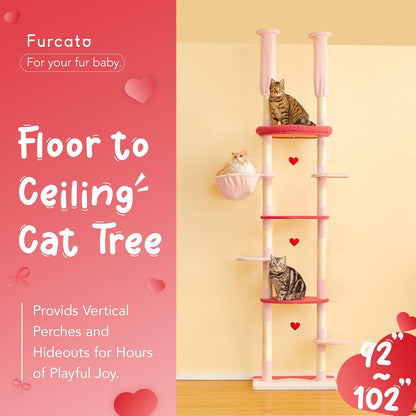 Cat Tree, Floor to Ceiling Cat Tower Adjustable Height[92-102 Inches=234-258cm], 7 Tiers Cat Climbing Tree with Hammock, Platforms and Fully Sisal Scratching Posts for Indoor Cats,Red and Pink