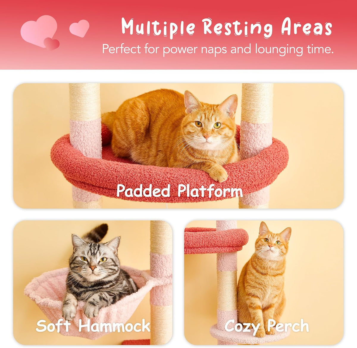 Cat Tree, Floor to Ceiling Cat Tower Adjustable Height[92-102 Inches=234-258cm], 7 Tiers Cat Climbing Tree with Hammock, Platforms and Fully Sisal Scratching Posts for Indoor Cats,Red and Pink