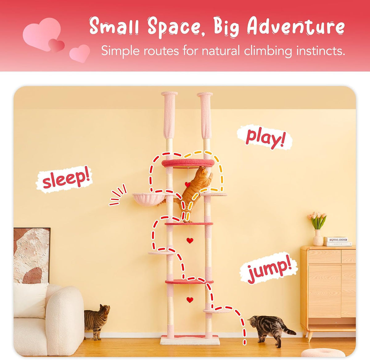 Cat Tree, Floor to Ceiling Cat Tower Adjustable Height[92-102 Inches=234-258cm], 7 Tiers Cat Climbing Tree with Hammock, Platforms and Fully Sisal Scratching Posts for Indoor Cats,Red and Pink