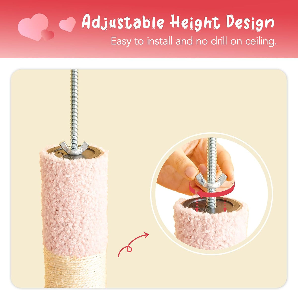 Cat Tree, Floor to Ceiling Cat Tower Adjustable Height[92-102 Inches=234-258cm], 7 Tiers Cat Climbing Tree with Hammock, Platforms and Fully Sisal Scratching Posts for Indoor Cats,Red and Pink