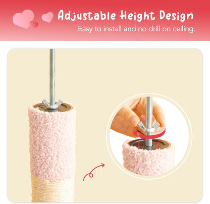 Cat Tree, Floor to Ceiling Cat Tower Adjustable Height[92-102 Inches=234-258cm], 7 Tiers Cat Climbing Tree with Hammock, Platforms and Fully Sisal Scratching Posts for Indoor Cats,Red and Pink