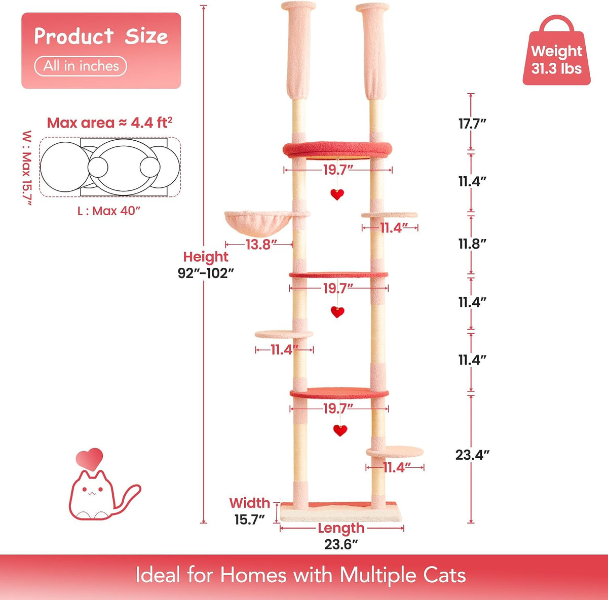 Cat Tree, Floor to Ceiling Cat Tower Adjustable Height[92-102 Inches=234-258cm], 7 Tiers Cat Climbing Tree with Hammock, Platforms and Fully Sisal Scratching Posts for Indoor Cats,Red and Pink