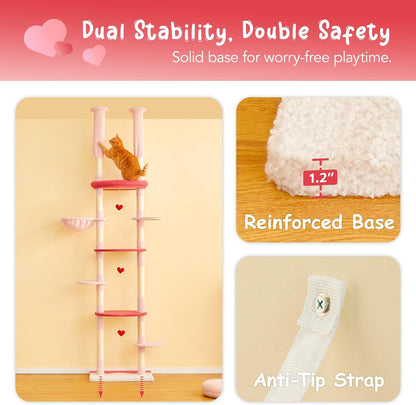 Cat Tree, Floor to Ceiling Cat Tower Adjustable Height[92-102 Inches=234-258cm], 7 Tiers Cat Climbing Tree with Hammock, Platforms and Fully Sisal Scratching Posts for Indoor Cats,Red and Pink