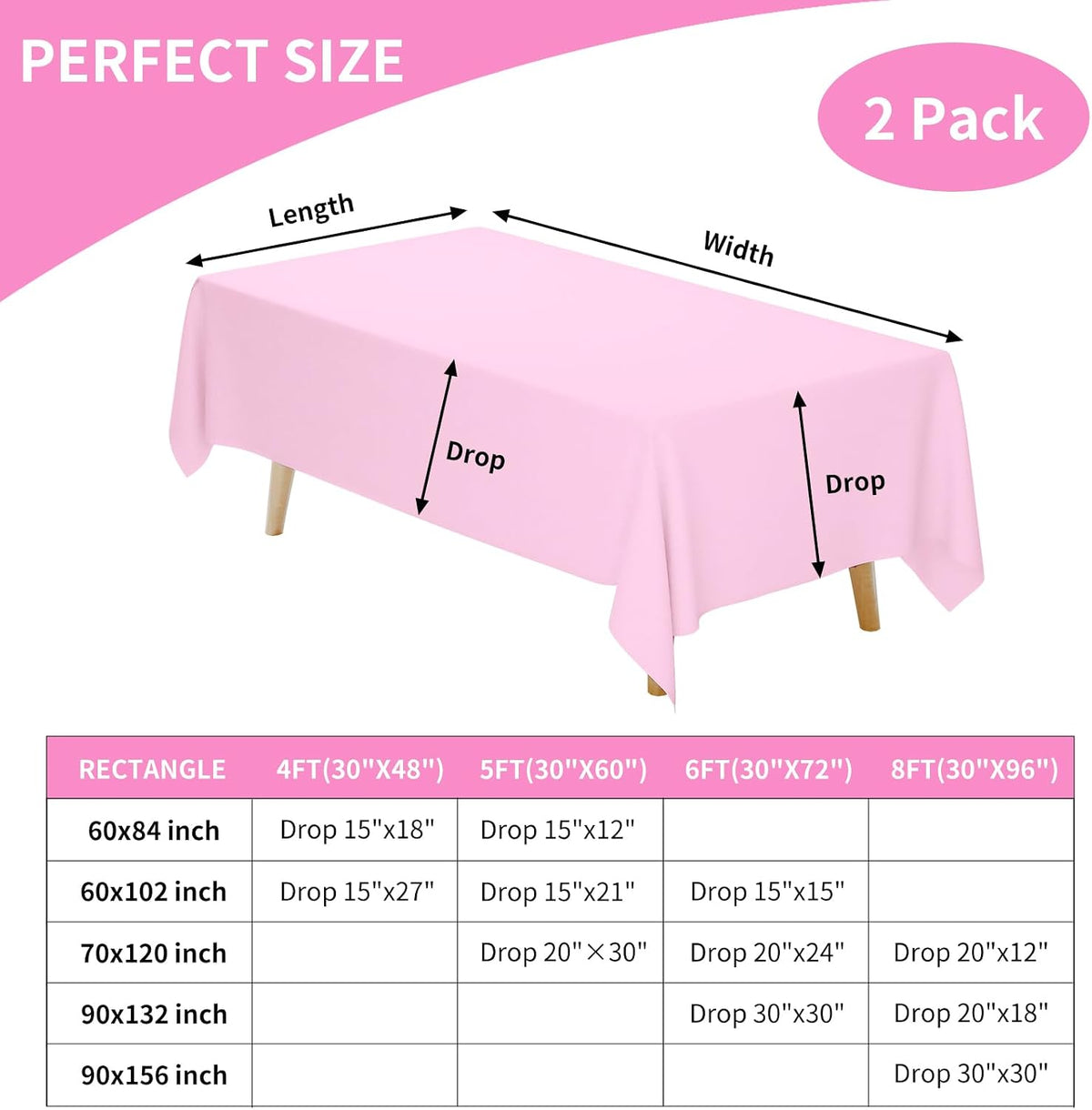 2 Pack 60 x 102 Inch Tablecloths Rectangle Pink Table Cover