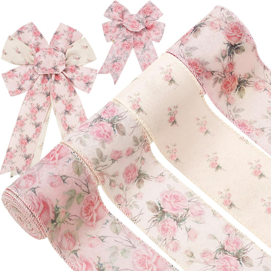 4 Rolls Pink Floral Wired Ribbon 2.5 Inch Vintage Rose Flower Ribbon for Bow Wreath Craft Gift Wrap Spring Summer Holiday Wedding Birthday Baby Shower Party Home Decor
