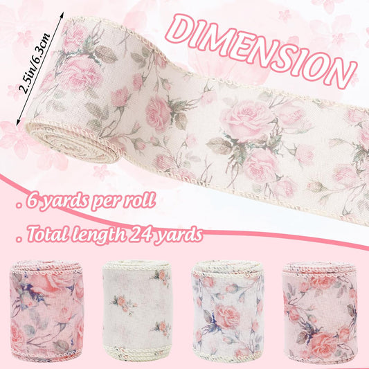 4 Rolls Pink Floral Wired Ribbon 2.5 Inch Vintage Rose Flower Ribbon for Bow Wreath Craft Gift Wrap Spring Summer Holiday Wedding Birthday Baby Shower Party Home Decor