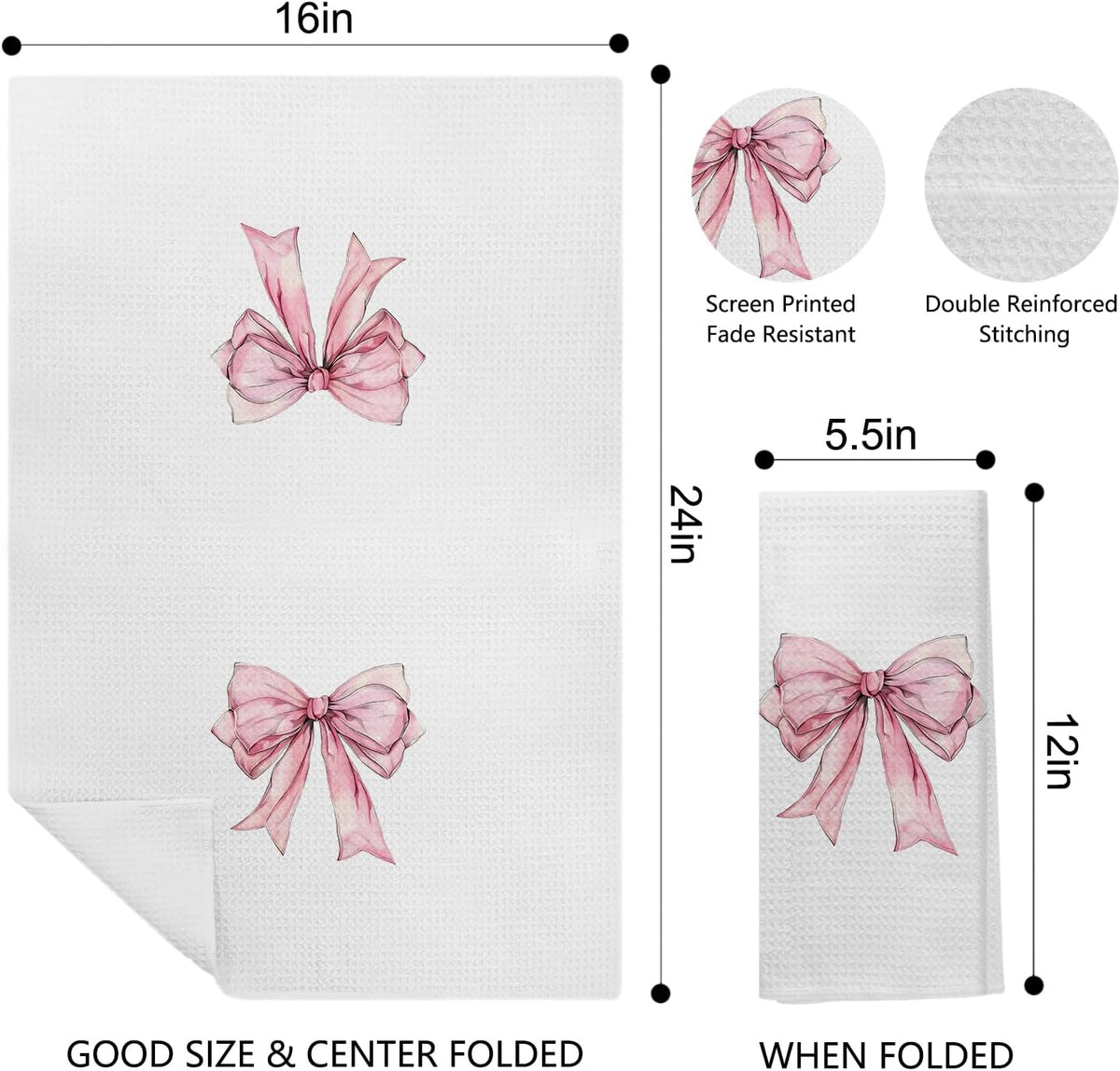 Pink Bow Coquette Kitchen & Bath Towels, Preppy Hand & Dish Towels, 16x24 Inches