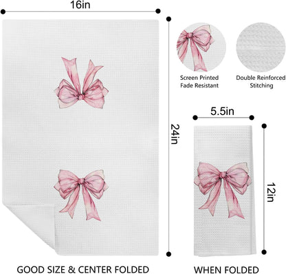 Pink Bow Coquette Kitchen & Bath Towels, Preppy Hand & Dish Towels, 16x24 Inches