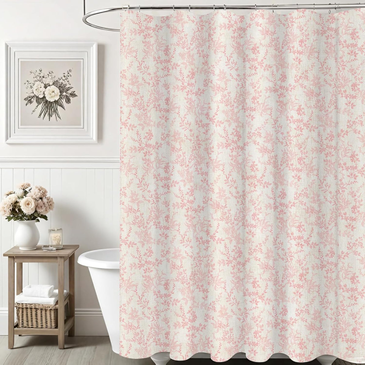Pink Cotton Waterproof Shower Curtain, Farmhouse Elegance Floral Shower Curtains for Bathroom Decor, Chic Fabric Cloth Flower Leaves Shower Curtain 72" W x 72" L