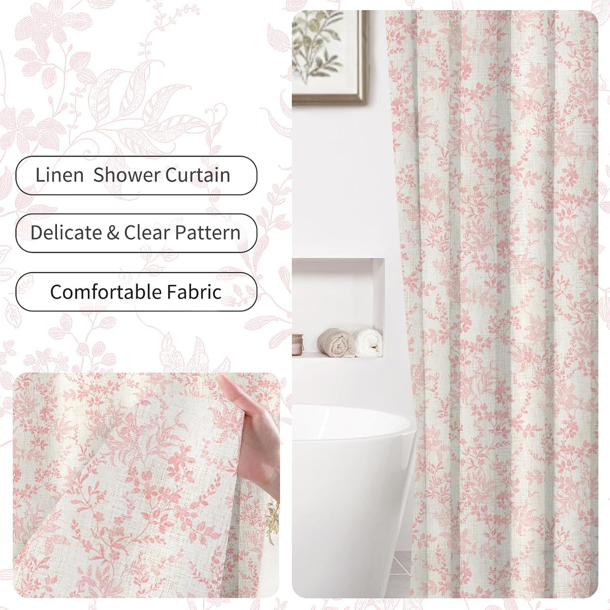 Pink Cotton Waterproof Shower Curtain, Farmhouse Elegance Floral Shower Curtains for Bathroom Decor, Chic Fabric Cloth Flower Leaves Shower Curtain 72" W x 72" L