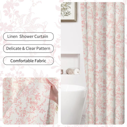 Pink Cotton Waterproof Shower Curtain, Farmhouse Elegance Floral Shower Curtains for Bathroom Decor, Chic Fabric Cloth Flower Leaves Shower Curtain 72" W x 72" L