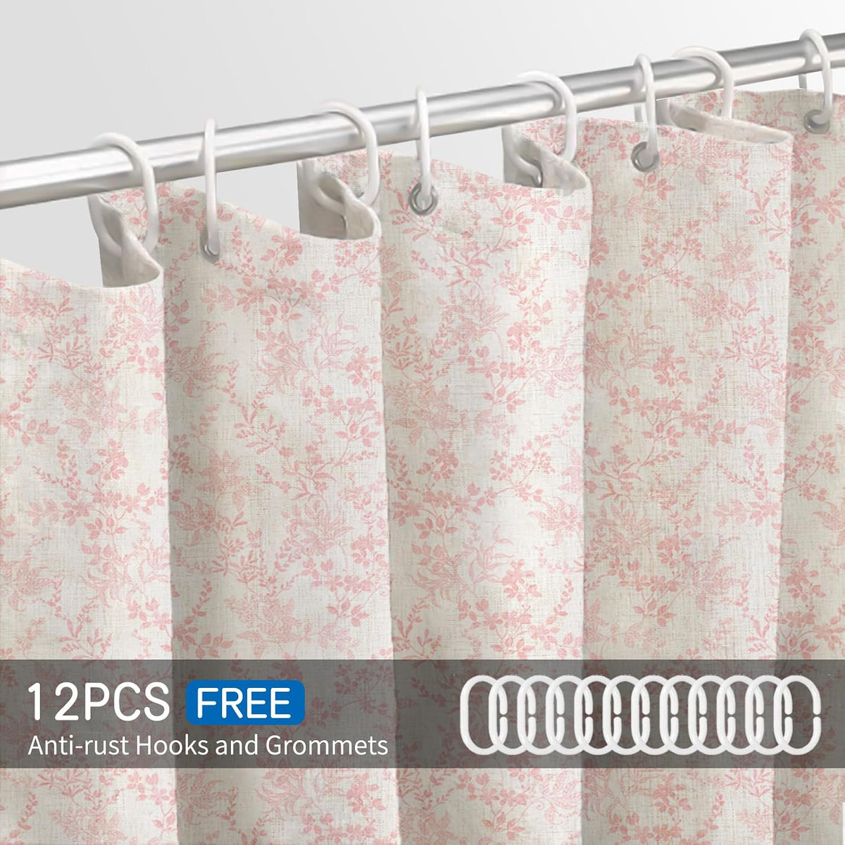 Pink Cotton Waterproof Shower Curtain, Farmhouse Elegance Floral Shower Curtains for Bathroom Decor, Chic Fabric Cloth Flower Leaves Shower Curtain 72" W x 72" L